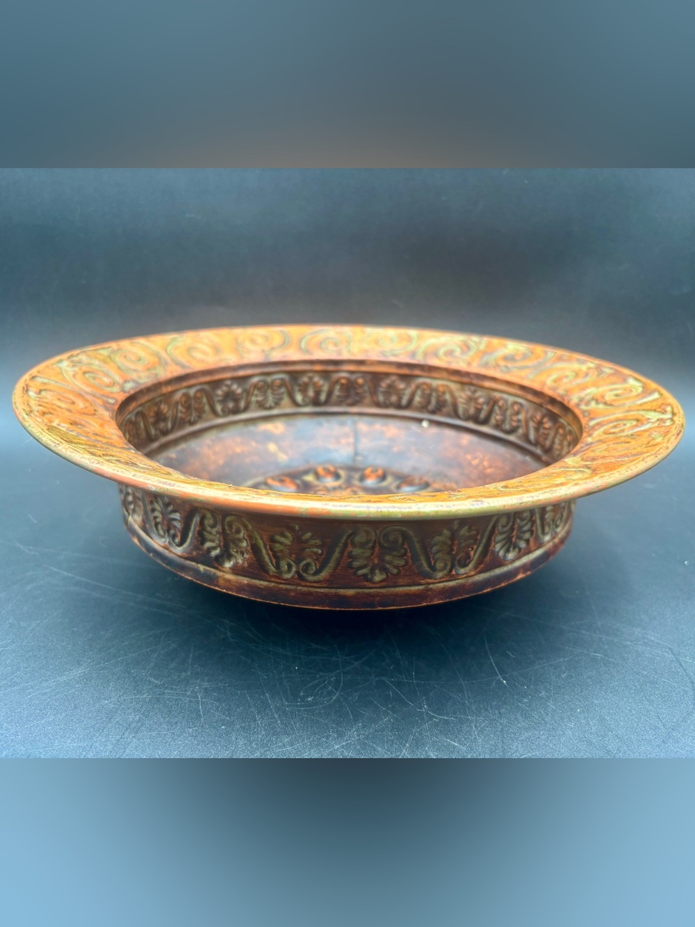 Hosley Vintage Style Embossed Metal Centerpiece Bowl - 14" x 5"